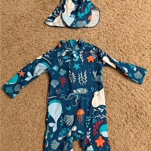 Blue Ocean-Themed Baby Swimsuit with Hat